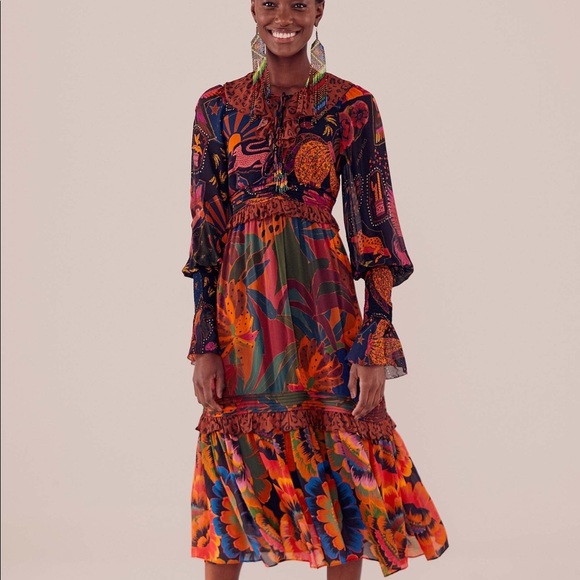 FARM RIO Mixed Leopards Jungle Long Sleeve Midi Dress (NWT) - Picture 1 of 16